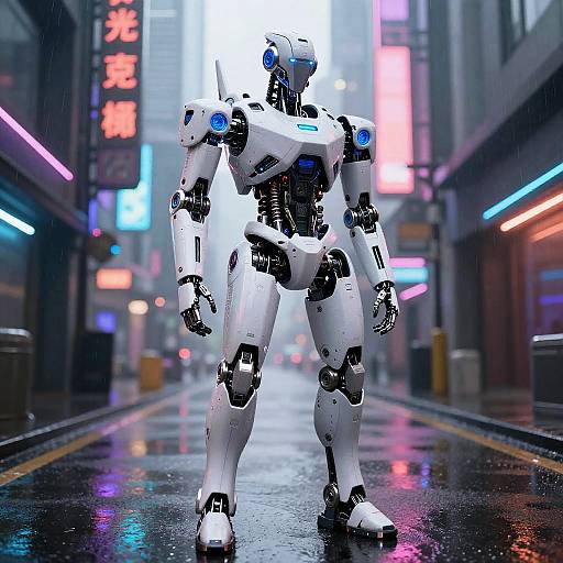 Photorealistic CGI of a white, humanoid robot standing in a neon-lit, rainy urban street, with glowing signs and reflections on wet pavement.
