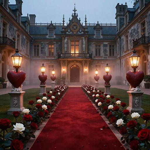 Photograph of a grand, gothic-style mansion at dusk, featuring a red carpet path flanked by heart-shaped lanterns and rose gardens. Warm