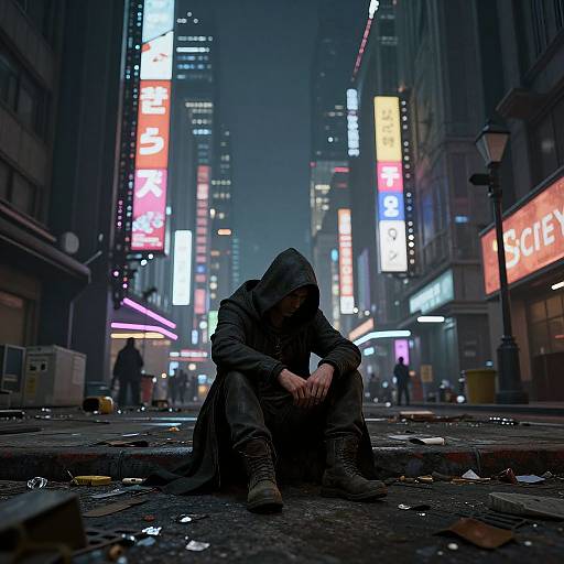 Photograph-style CGI: Hooded figure sits alone on rain-soaked street, surrounded by neon-lit skyscrapers, litter scattered, urban night