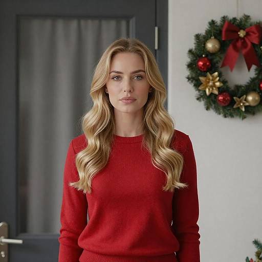 Blonde Woman in Red Sweater by Door