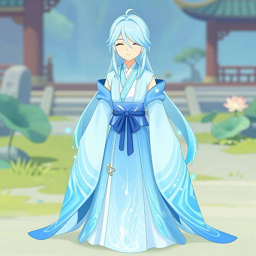 Digital anime-style drawing of a serene, blue-haired woman in a white and blue kimono with long sleeves, standing in a bright, sunny Japanese garden