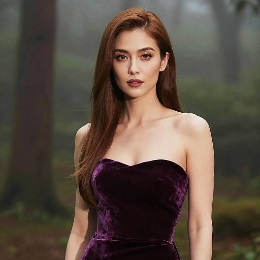 Photorealistic digital image of a beautiful woman with long brown hair, fair skin, wearing a strapless purple velvet dress, standing in a misty