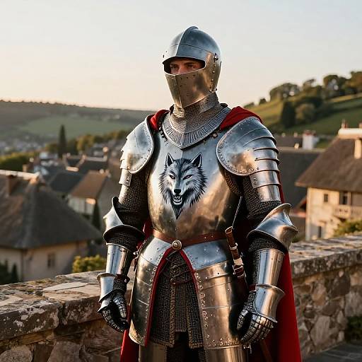 Photograph of a knight in shiny silver armor with a wolf emblem, red cape, standing on a stone wall overlooking a quaint village at sunset.