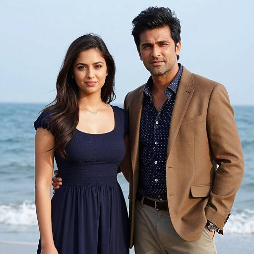Photograph of a smiling Indian couple standing on a beach; woman in black dress, man in brown blazer and polka-dot shirt.