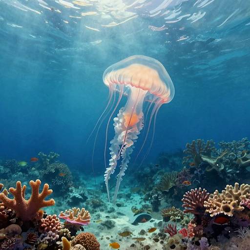 Photograph of a glowing orange and white jellyfish floating above a vibrant coral reef, surrounded by sunlight filtering through clear blue ocean water.