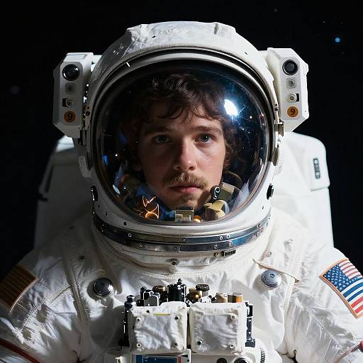 Photograph of a serious-looking male astronaut with brown hair and beard, wearing a bulky white spacesuit with reflective helmet, against a black background. American