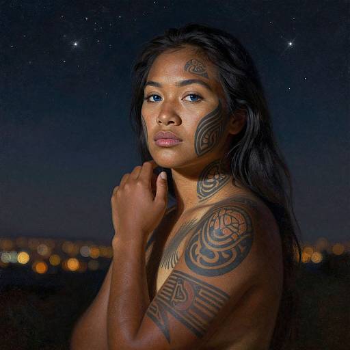 Photograph of a topless woman with dark skin, long black hair, and intricate tribal tattoos, standing under a starry night sky.