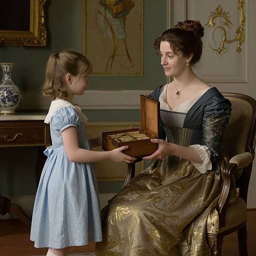 Photograph of a Victorian-era woman in an ornate gown, sitting in a luxurious room, receiving a book from a young girl in a light blue