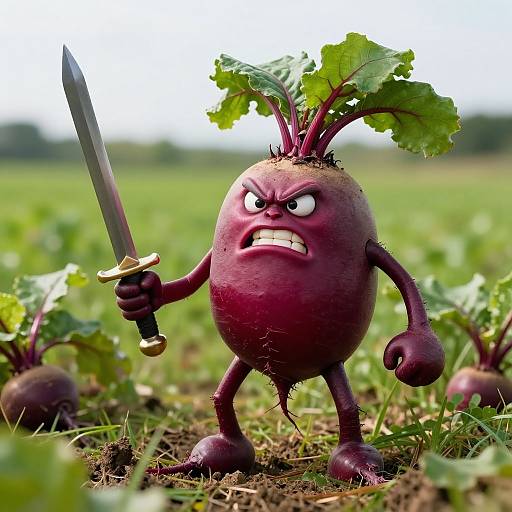Photograph of an angry, anthropomorphic red beetroot with green leaves, holding a sword, standing in a grassy field. It has a fierce