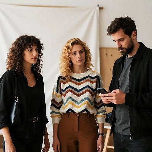 Photograph of three young adults: curly-haired woman in black top, blonde woman in zigzag sweater, bearded man in black jacket, looking at