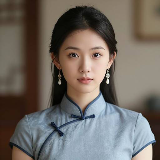 Photograph of an Asian woman with long black hair, wearing a light blue, high-collared, traditional Chinese dress with black trim and pearl earrings