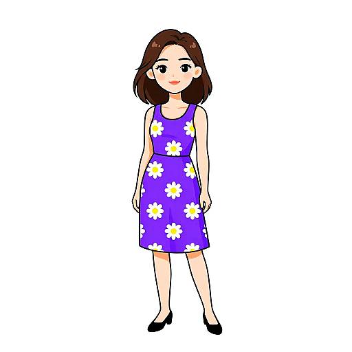 Digital cartoon of a smiling brown-haired woman in a purple dress with white daisy patterns, black shoes, standing against a white background.