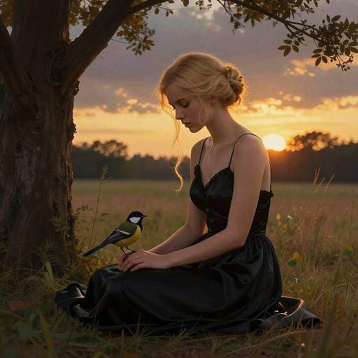 Photograph of a blonde woman in a black dress, sitting under a tree at sunset, gently holding a small bird by her side in a grassy