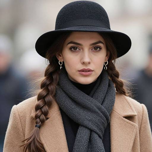 Photograph of a young woman with long braided brown hair, wearing a black hat, beige coat, black turtleneck, and gray scarf,