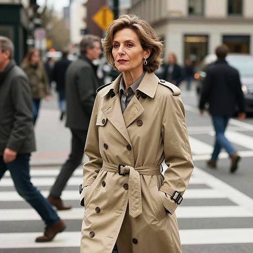 Photograph of a confident middle-aged woman with wavy brown hair, wearing a beige trench coat, standing on a busy city crosswalk. Blurred