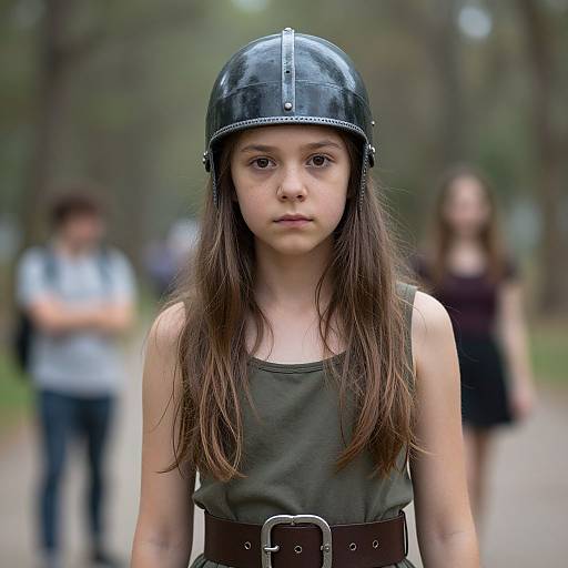 Photograph of a young girl with long brown hair, wearing a black metallic helmet and olive green tank top, standing in a forest path with blurred background