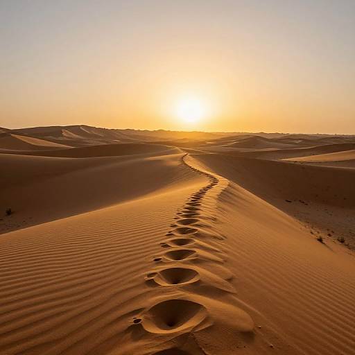 Photograph of a golden desert sunset, with a winding path of footprints leading through rippled sand dunes under a glowing sky.