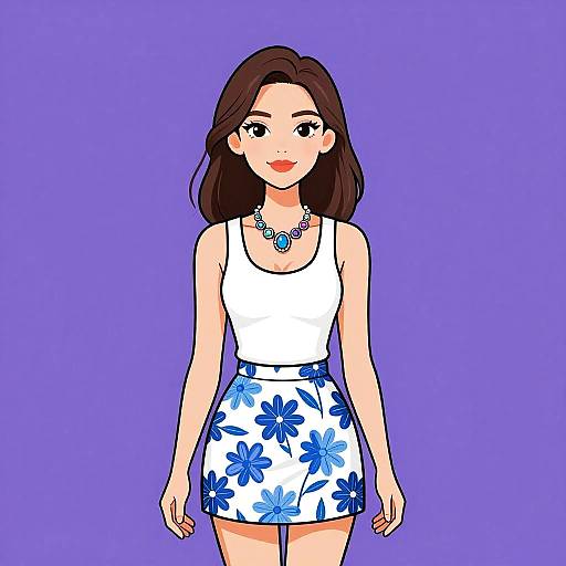 Digital illustration of a fair-skinned woman with brown hair, wearing a white tank top, blue floral skirt, and blue necklace, against a purple background
