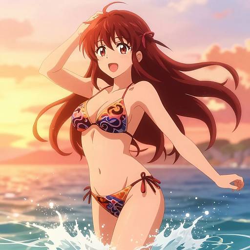 Anime-style digital drawing of a red-haired girl in a colorful bikini, standing in shallow water at sunset, smiling and waving.