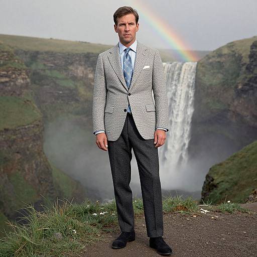Photograph of a serious, brown-haired man in a gray blazer, blue tie, and dark pants standing in front of a waterfall with a rainbow