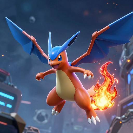 3D Flying Fire Pokémon with Blue and Red Colors