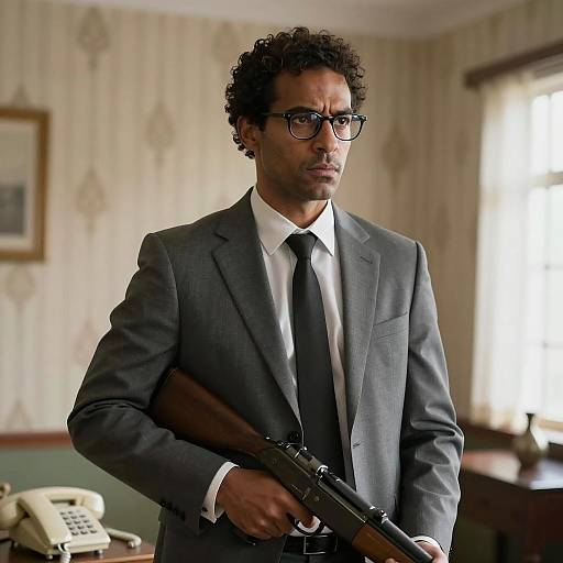 Man in Gray Suit Holding Rifle