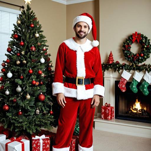 Man in Santa Costume Next to Christmas Tree