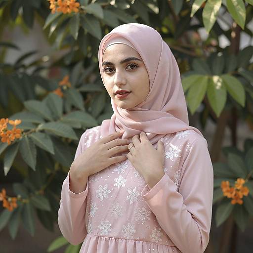 Young Woman in Pink Hijab Garden