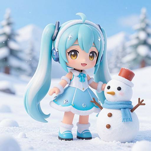 Chibi-style digital drawing of a blue-haired girl in a winter dress, standing in snow with a small snowman, bright blue sky and snowy trees