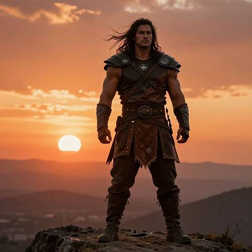 Muscular man with long black hair in warrior attire stands on rocky cliff at sunset, orange sky, mountains in background. Photograph.