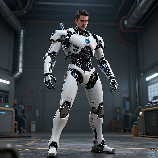 CGI image of a muscular, white and black robotic humanoid with blue emblem, standing in a dimly lit industrial warehouse.