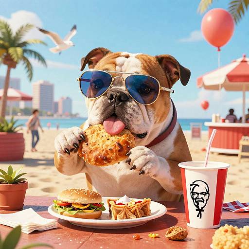 Jovial Bulldog Enjoying KFC at Beach