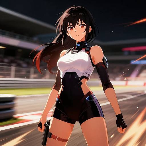 Anime-style digital illustration of a determined, black-haired woman in a white sleeveless top and black shorts, holding a gun, standing on a brightly lit