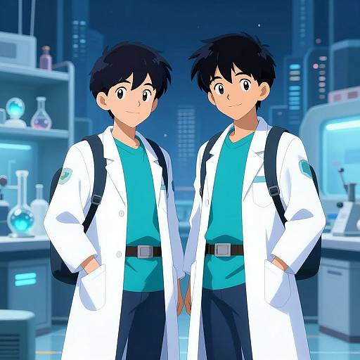 Digital anime-style illustration of two young male scientists with black hair, wearing white lab coats, blue shirts, and black pants, standing in a futuristic laboratory