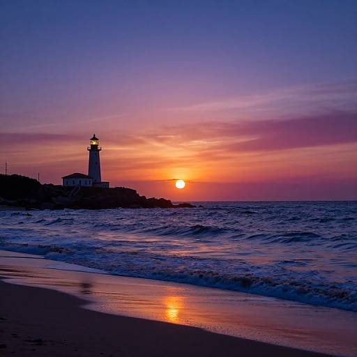 Photograph of a lighthouse silhouetted against a vibrant sunset with purple, orange, and pink hues over a calm ocean and sandy beach.