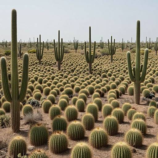 Photograph of a vast desert landscape filled with numerous spherical green cacti and tall, vertical columnar cacti under a clear blue sky.