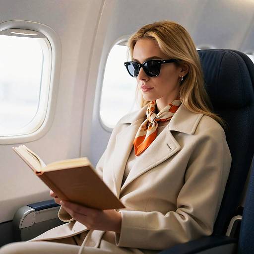 Focused Woman Reading on Airplane