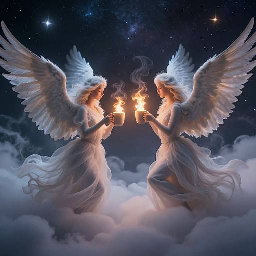 Digital art of two ethereal white-winged angelic figures, holding lit candles, floating amidst clouds under a starry night sky.