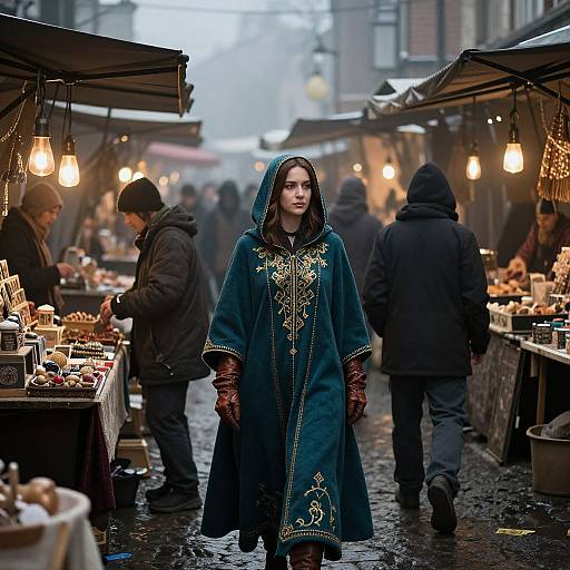 Photograph of a young woman in a green, embroidered cloak with hood, standing in a foggy, bustling outdoor market with vendors and shoppers, under