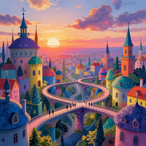 Vibrant, whimsical digital painting of a fairy-tale city at sunset, featuring colorful, turret-topped buildings, winding roads, and tiny