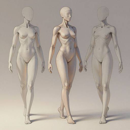 Photorealistic digital rendering of three faceless, nude human figures with varying muscle tones, walking in a neutral gradient background.