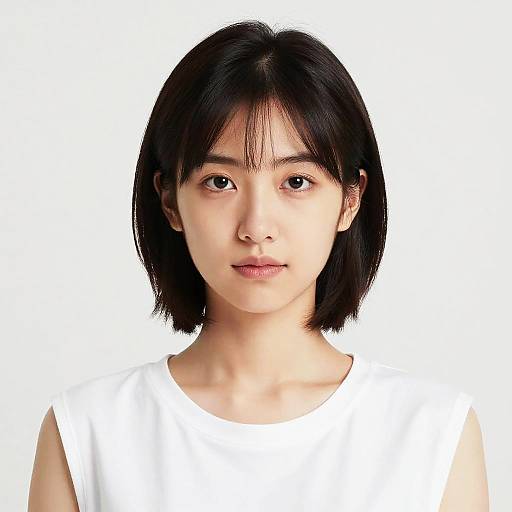 Photograph of an Asian woman with straight black shoulder-length hair, wearing a white sleeveless top, against a plain white background.
