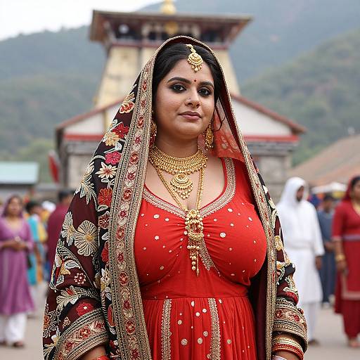 Photograph of a South Asian woman in a red traditional dress and ornate black and gold dupatta, adorned with gold jewelry, standing in front of