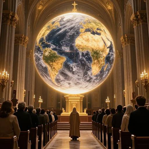 Photograph of a grand cathedral with a large, glowing, illuminated Earth centered above the altar, surrounded by worshippers in dark attire.