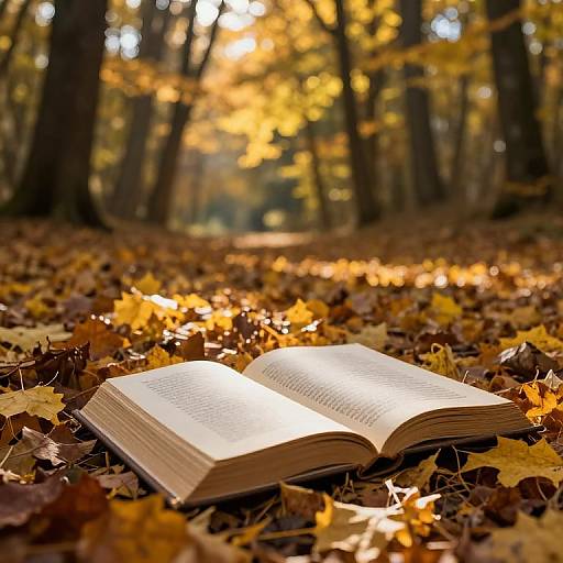 Photograph of an open book lying on a forest floor covered in golden and brown autumn leaves, with sunlight filtering through tall trees in the background.