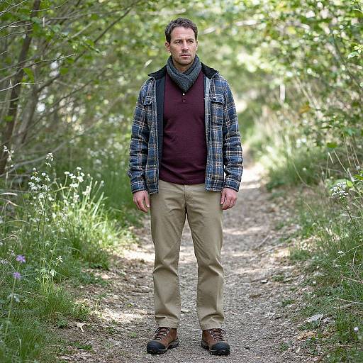 Photograph of a man with short brown hair, wearing a plaid jacket, maroon shirt, gray scarf, beige pants, and brown shoes,