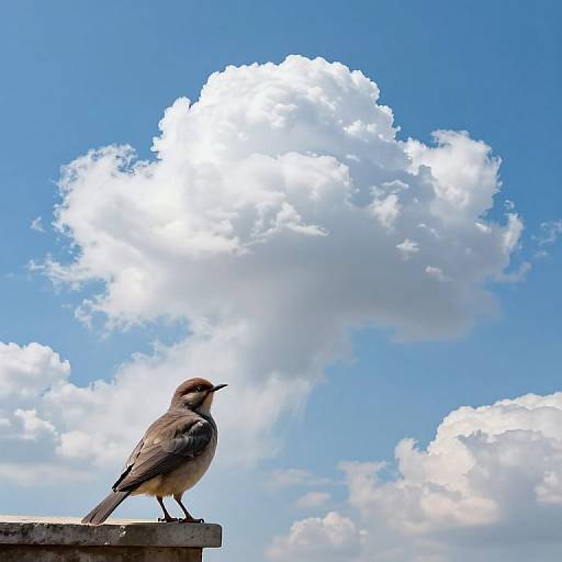 Photograph of a small brown and gray bird perched on a wooden ledge, against a bright blue sky with large, fluffy white clouds.