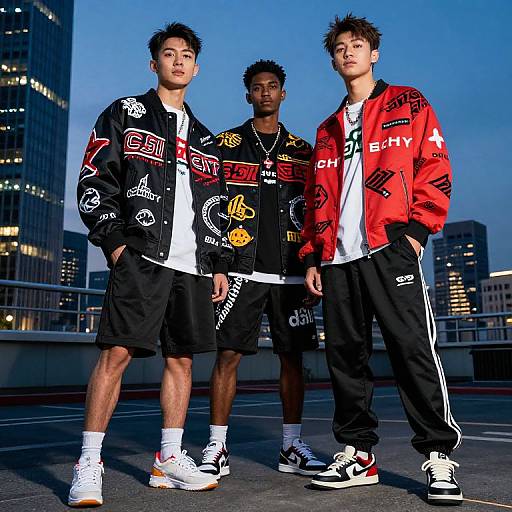 Photograph of three Asian men in urban rooftop setting at dusk, wearing black and red Adidas jackets with white t-shirts and black track pants, standing confidently