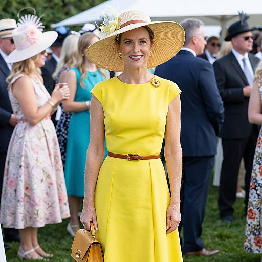 Photograph of a smiling woman in a bright yellow dress and wide-brimmed hat, holding a tan purse, at an outdoor social event.
