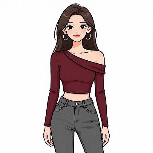 Digital anime-style drawing of a smiling woman with long brown hair, wearing a maroon off-shoulder crop top and dark jeans.